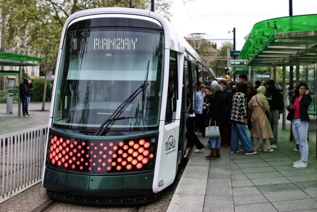 A tram at a stop in Nantes