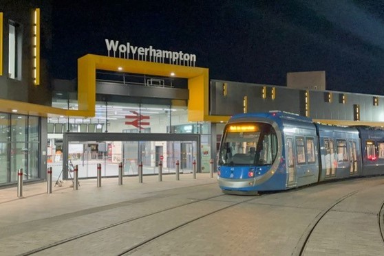 The first tram outside Wolverhampton station. (Midlands Metro Alliance
