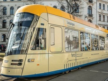 The first of a new generation of Leipzig trams carried a special livery to mark 150 years of tramways in the city. (LVB