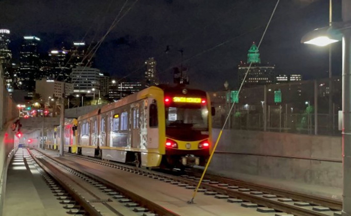 A test train on the Regional Connector entering the new subway near Little Tokyo/Arts District. (LACMTA