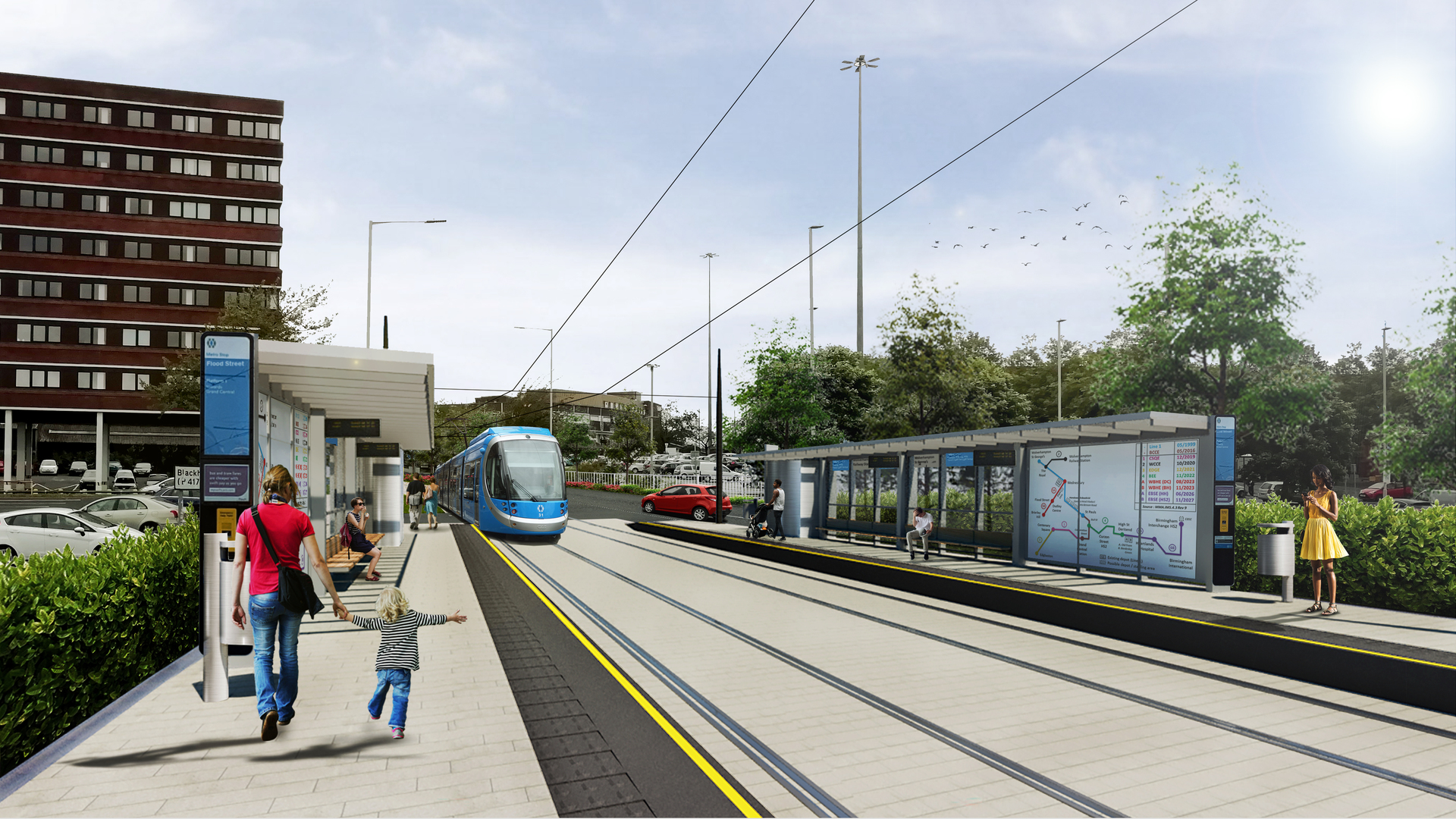 a design image of the finished tram stop at Flood Street in Dudley, due to open next year.- credit Midlands Metro Alliance