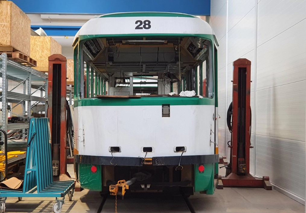 A Liberec tram awaiting overhaul by Skoda Group in Ostrava