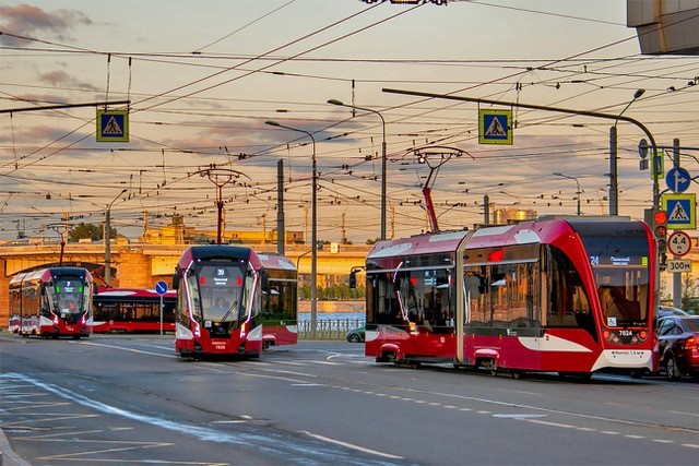 71-923 Bogatyr-M trams at Khersonskaya terminus in Sankt Peterburg. (M. Karmaevski