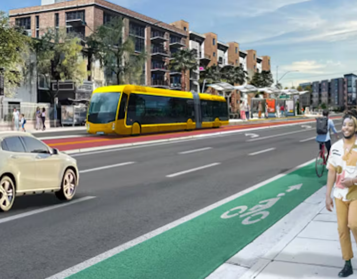 An imagining of Charleston Boulevard with high capacity transit and cycle lanes