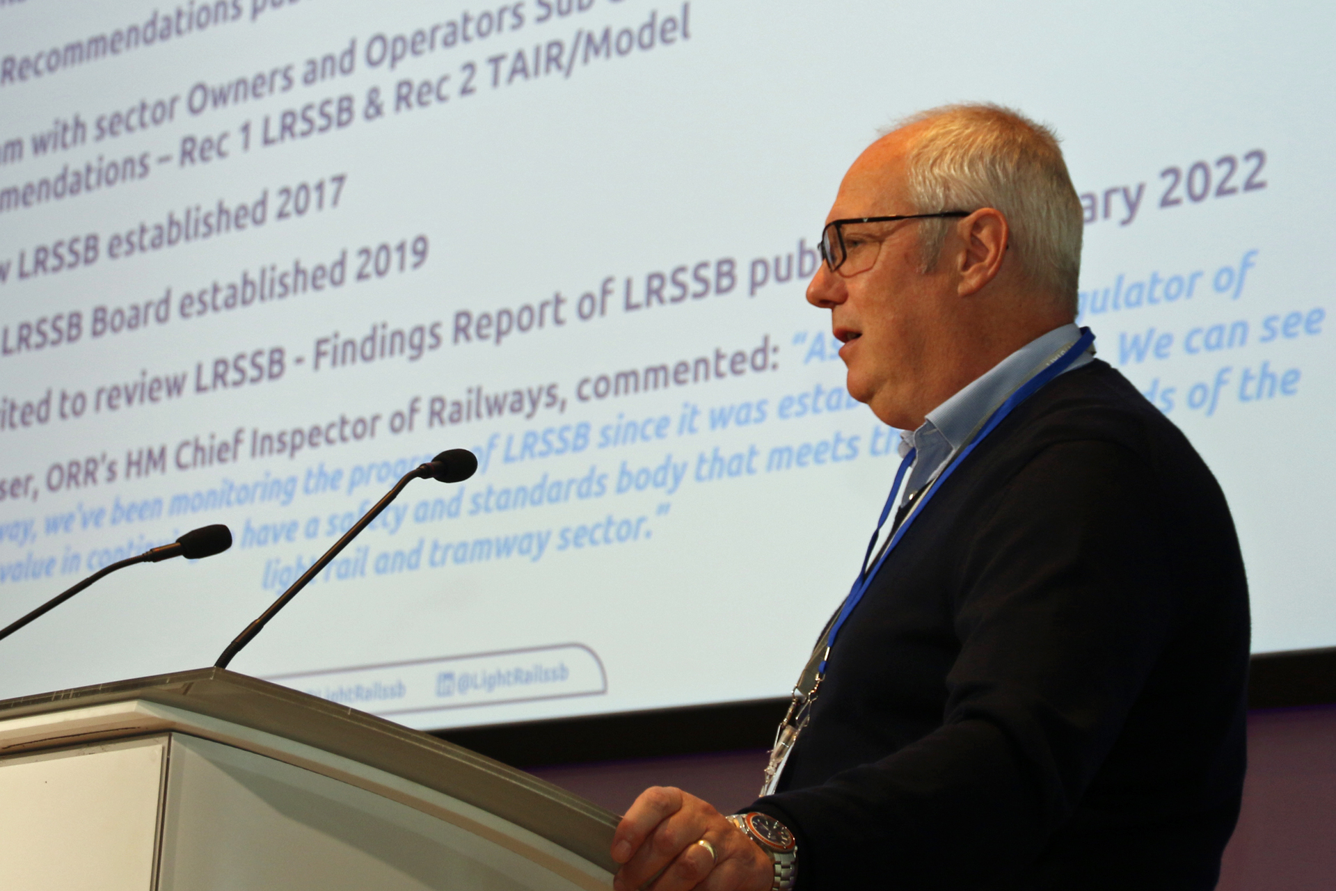 Carl Williams, LRSSB Chief Executive delivers a keynote presentation at the UKTram Light Rail Summit in 2023