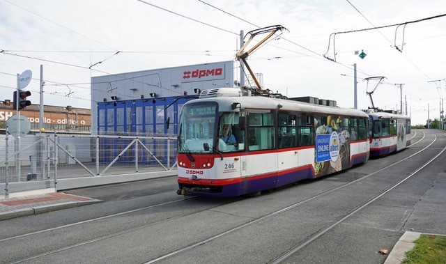 On 13 October the coupled set of Vario LF single cars 246+241 passes the new Olomouc tram depot while running on an inbound line 4 service. (A. Thompson