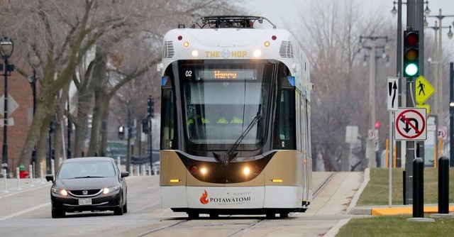 A Milwaukee Brookville tram operates on the unwired Lakeside line. (JSOnLine