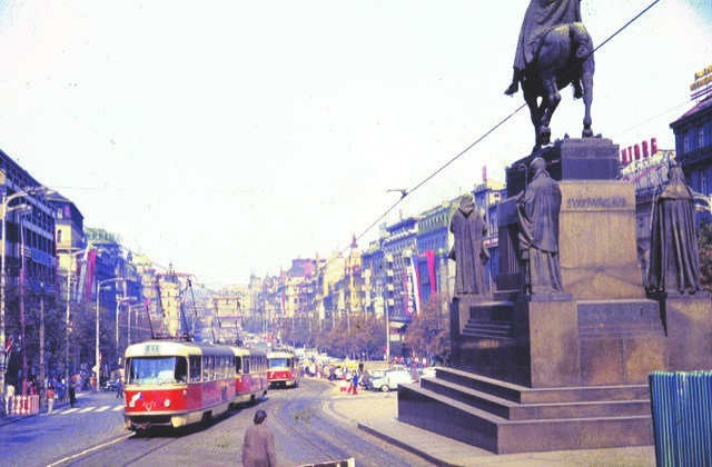 A 1972 view of trams passing the statue in Wenceslas Square. (M. R. Taplin)