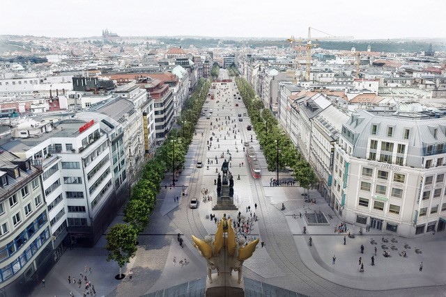 The future look for Wenceslas Square with trams re-instated. (Jakob Cigler Architects)